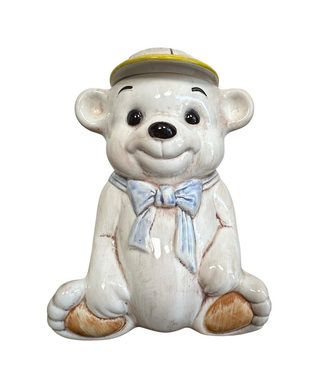 Vintage Treasure Craft USA Ceramic Teddy Bear Cookie Jar Blue Yellow Bow Hat